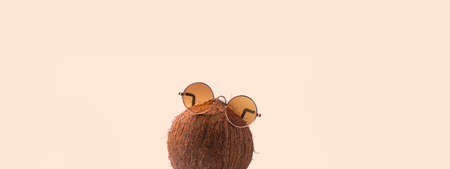 Coconuts are wearing sunglasses over pink background. Concept vacation in the sunny tropics, levitating coconut with glassesの写真素材
