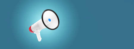 white and red color megaphone on blue background with highlight in center, attention concept announcementの写真素材