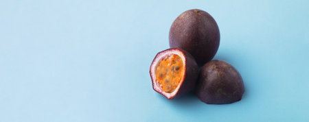 passion fruit on blue backgroundの写真素材