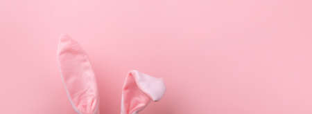 pink rabbit ears over pink background, minimal easter background, panoramic mock-upの写真素材