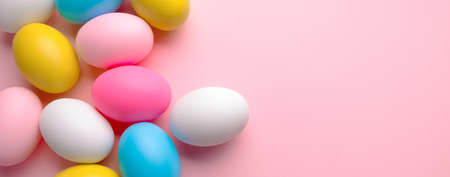 color eggs for holiday easter, panoramic mock-up imageの写真素材