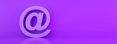 purple mail 3d render design element email sign, @ symbol, panoramic imageの写真素材