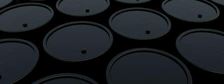 Black metal oil barrels background, industrial concept, panoramic imageの写真素材