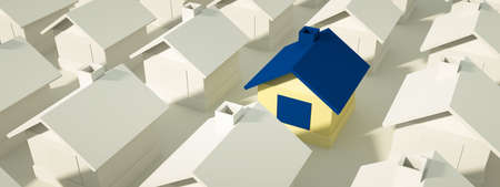Many houses one is blue, panoramic image, 3d renderingの写真素材