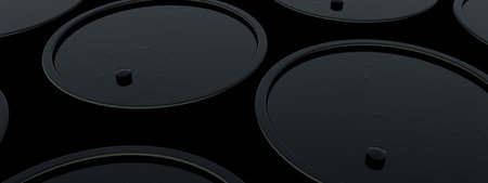 Black fuel barrels background, 3d render, panoramic imageの写真素材