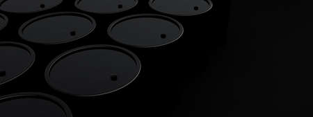 Black oil barrels on dark background, 3d render, barrels mock-up with space for textの写真素材