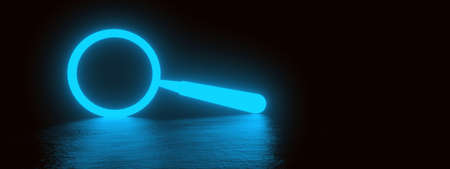 neon magnifier on dark background, 3D rendering, panoramic imageの写真素材