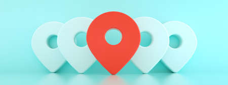 3d pins with the first one in red, location map symbol 3d render over blue background panoramic...