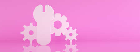 Wrench and gear icon over pink background, repair concept, 3d render, panoramic mock-upの写真素材