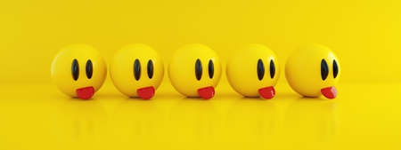 five emoticons showing tongue over yellow background, 3d rendering, panoramic image