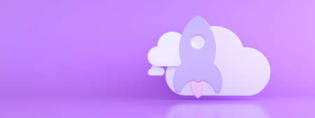 rocket with cloud over purple background, storage concept, 3d render, panoramic mockupの写真素材