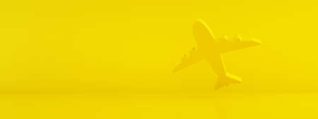 Airplane icon over yellow background, ticket search concept, 3d rendering, panoramic mock-upの写真素材