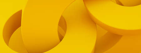 Abstract 3d render, modern geometric elements, graphic design with circles over yellow background, panoramic imageの写真素材