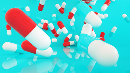 Many capsule pills flying over blue background, 3d renderingの写真素材