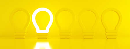 One glowing light bulb standing out from the unlit incandescent bulbs over yellow background, individuality and different creative idea concept, 3D rendering, panoramic imageの写真素材