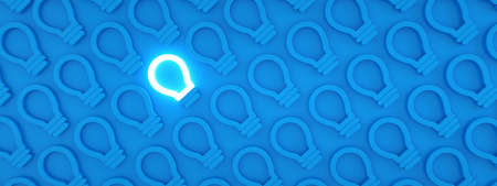 One glowing light bulb icon standing out from the unlit incandescent bulbs on blue background,...
