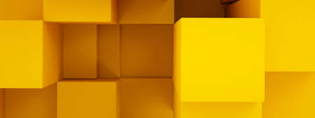 composition from yellow 3d cubes, geometric background, 3d rendering, panoramic image