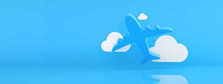 airplane with clouds over blue background, avia travel concept, 3d rendering, panoramic mock-up