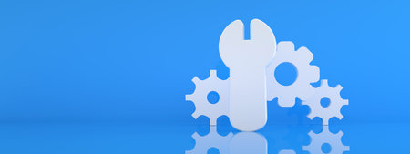 Wrench and gear icon over blue background, 3d render, service, setting and repair concept, panoramic mock-upの写真素材