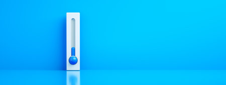 celsius and fahrenheit thermometer on blue background with low temperature, 3d rendering, concept of...