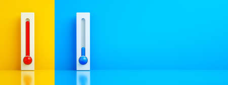 hot and cold thermometers, 3d rendering, control air conditioner concept, panoramic layoutの写真素材