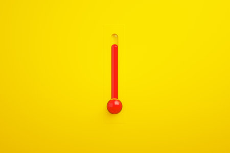 red thermometer over yellow background, 3d rendering, concept of hot summer weatherの写真素材