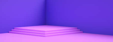 3D rendering of empty room interior design or purple pedestal display over blue wall, blank stand...