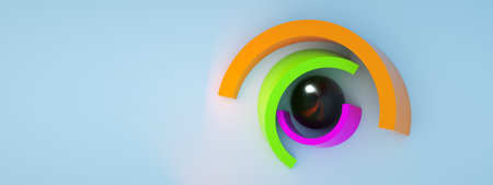 Geometric composition from colorful elements, 3d render, panoramic layout with space for text