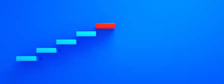 blue stairs leading to red top step, top level or career, 3D rendering, panoramic layoutの写真素材