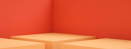 3D rendering of empty room interior design or orange pedestal display over red wall, blank stand for...