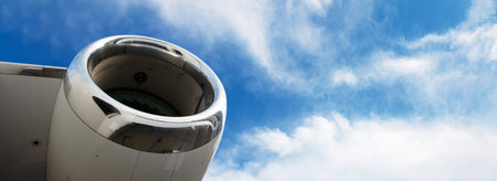 The turbine engine of the modern business jet aircraft, rotor close-up, panoramic layout