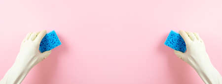 hands in a green rubber glove holds a blue washing sponge over pink background, panoramic layoutの写真素材