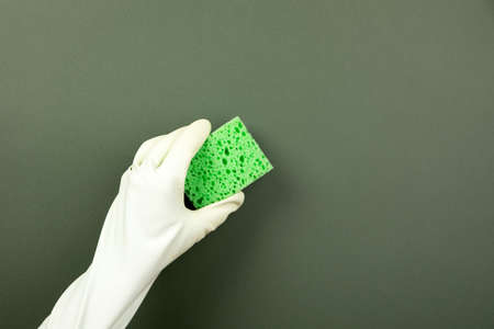 hand in a rubber glove holds a washing sponge over green backgroundの写真素材