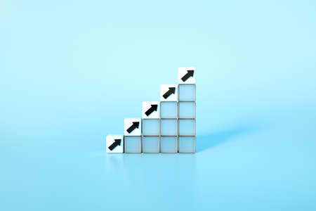 Business concept growth success process, cubes stacking as step stair over blue background, 3d...