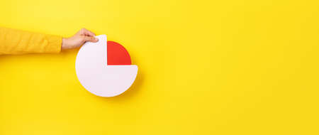 Hand holding circle graph over yellow background, panoramic layout