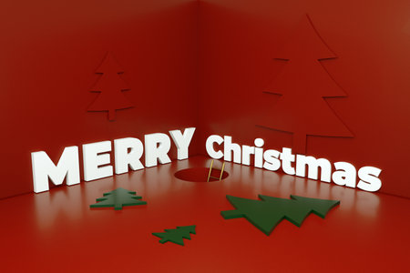 Merry Christmas lettering over red background, 3d renderingの写真素材