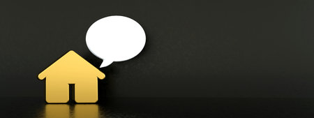 Golden house and speech bubble over black background, 3d render, panoramic layoutの写真素材