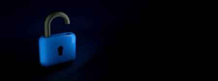 Open blue lock over black background, 3d rendering, panoramic layoutの写真素材