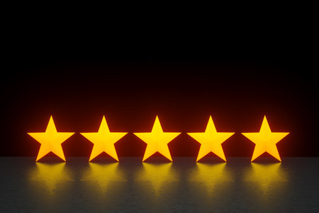 Five glowing golden stars standing on dark background with reflections, 3d renderの写真素材