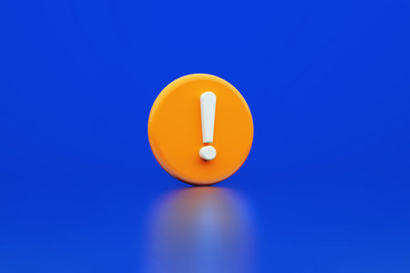 white exclamation mark symbol and attention or caution sign over blue background, 3d renderの写真素材