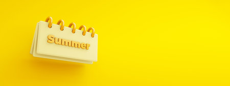 summer inscription on paper desk calendar, 3d rendering over yellow background, panoramic layout