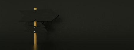 traffic sign direction over black background, 3d rendering, panoramic layoutの写真素材