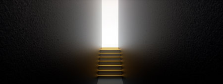 golden staircase in dark villa interior, 3d render, panoramic imageの写真素材