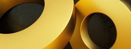 Abstract 3d render, modern geometric elements, graphic design with golden circles over black background, panoramic image.の写真素材