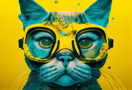 a cat in a diving mask, vacation at ocean concept. Generative Aiの素材