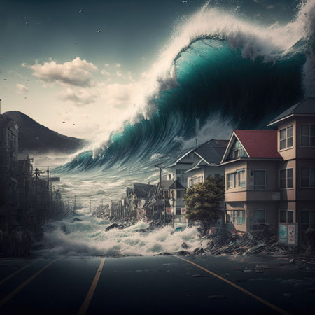tsunami approaching the city during the day. Generative AI.の素材
