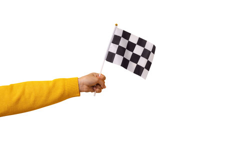 checkered flag in hand isolated on white backgroundの写真素材