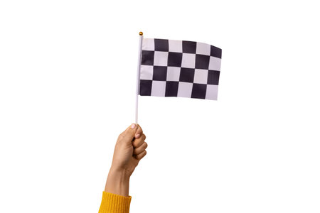 checkered flag in hand  isolated on white backgroundの写真素材