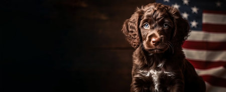 dog and American flag, USA independence day concept, panoramic layout. Generative Aiの素材