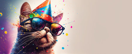 cat in party hat and sunglasses, happy anniversary concept, panoramic layout. Generative Aiの素材